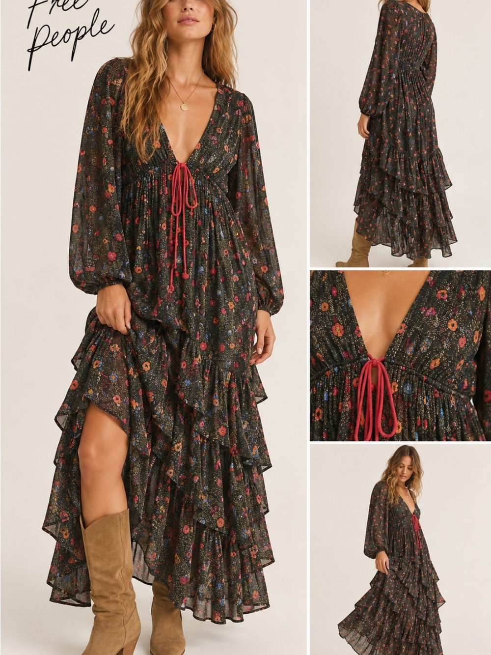 Free People Black Floral High-Low Tiered Maxi Dress with Red Tie